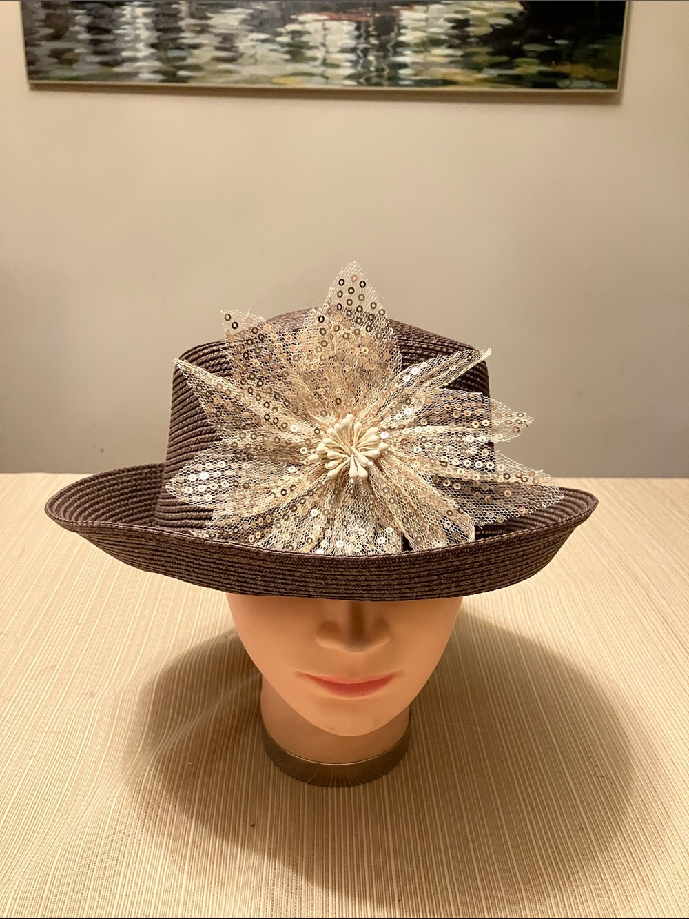 Woven Brown Women's Hat with Gold Sequin Flower